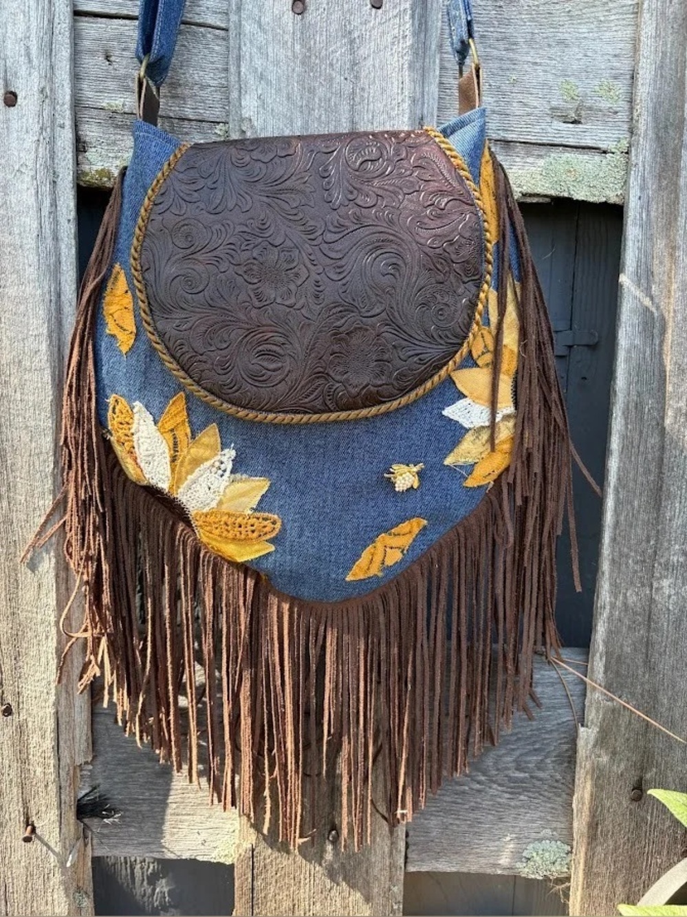 One of A Kind Denim Sunflower Fringe Purse